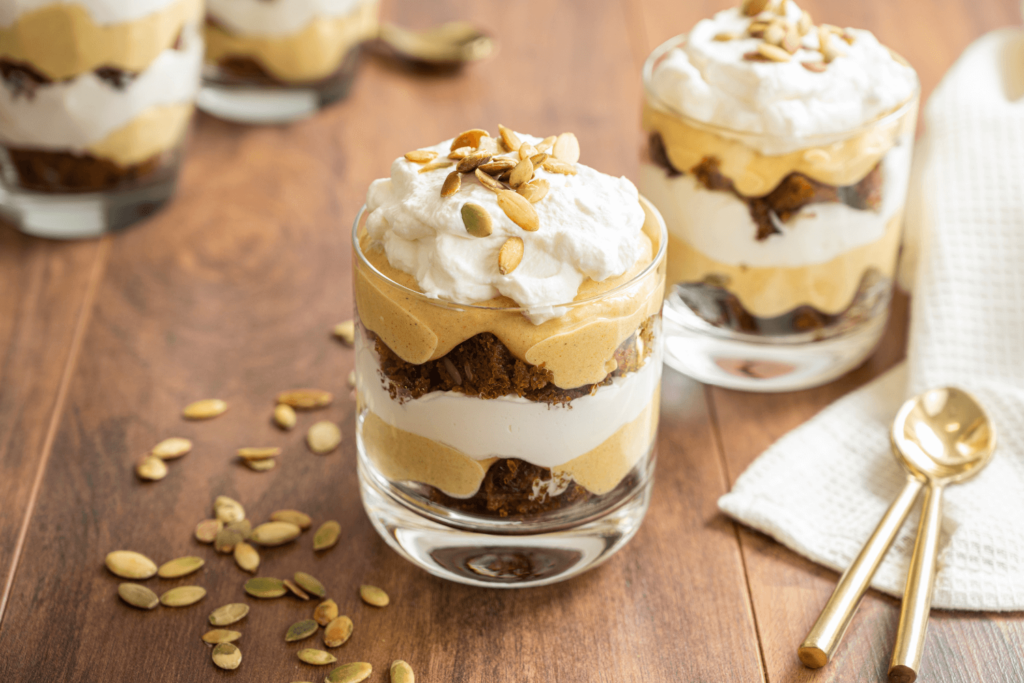 The image shows two glasses layered with pumpkin cream, whipped cream, and pumpkin spice cake in a trifle format. The glasses are garnished with pumpkin seeds. Out of frame and slightly out of focus are three similar glasses. There is a gold spoon in the lower right corner on a napkin.