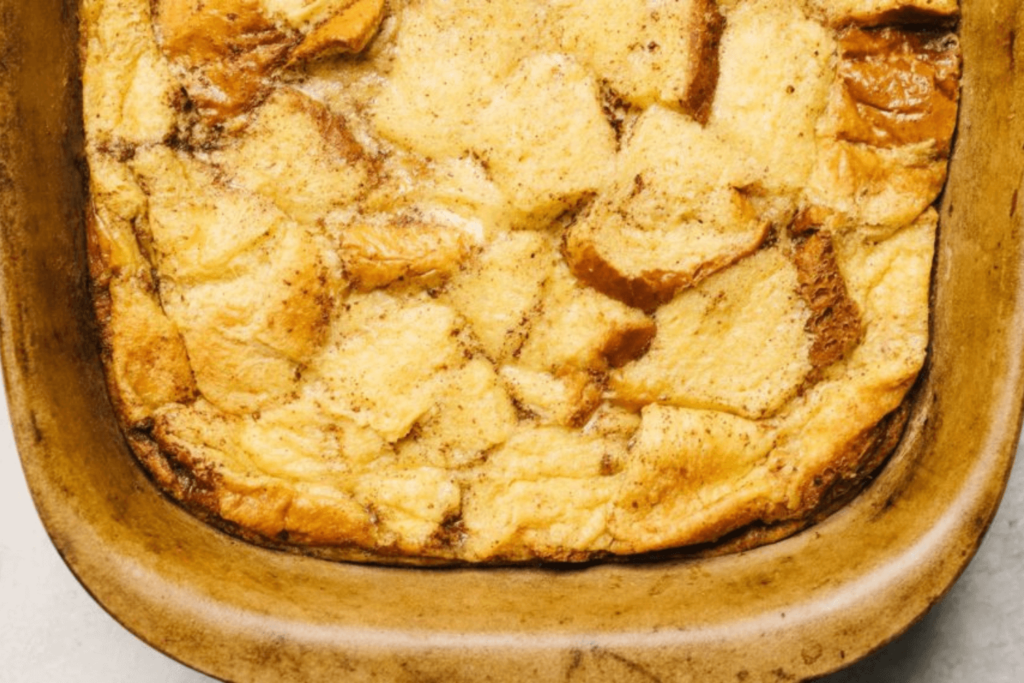 Closeup of casserole dish of French toast bake