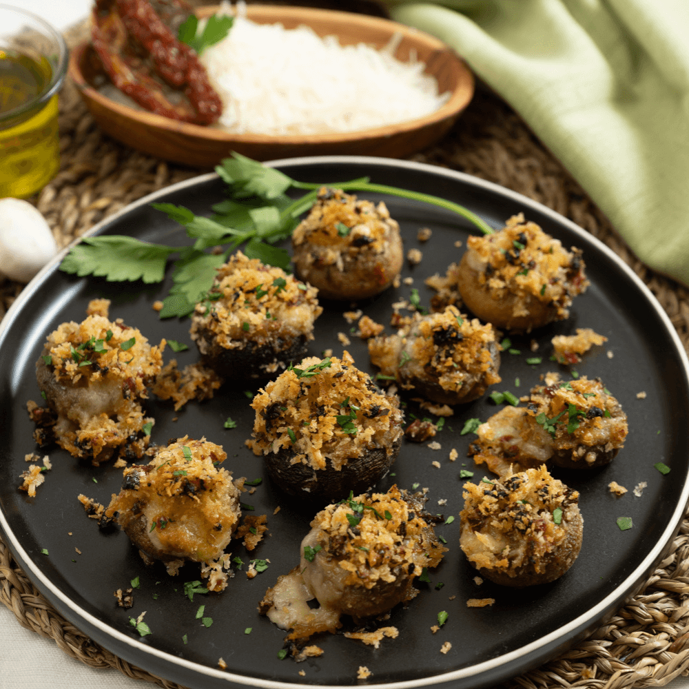 Holiday Apetizer Recipe: a black plate with stuffed mushrooms.