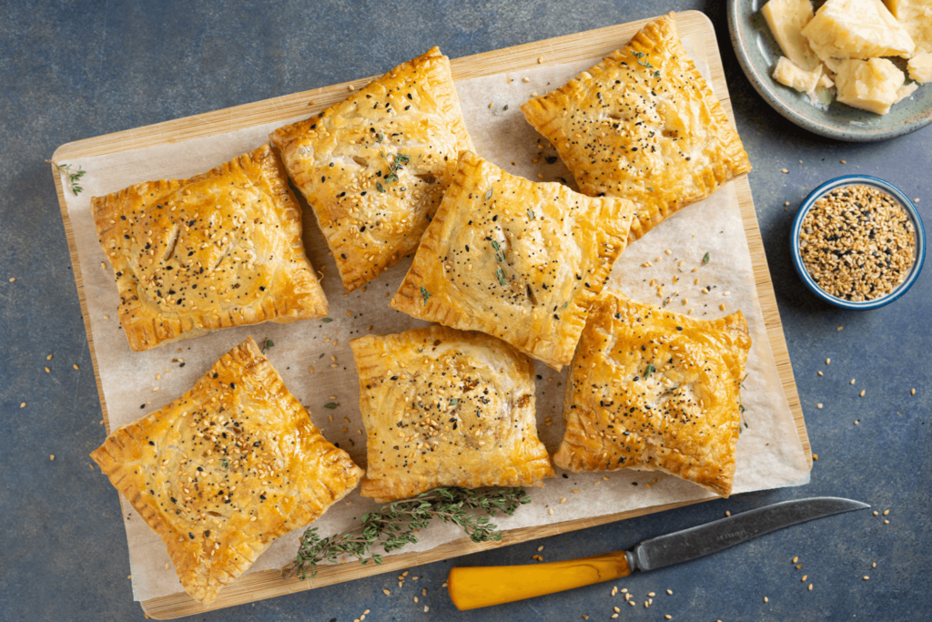 Cheesy, Onion, Leek and Spinach Hand Pies. Packed with flavour, these hand pies are a breeze to put together once you have your prep done.