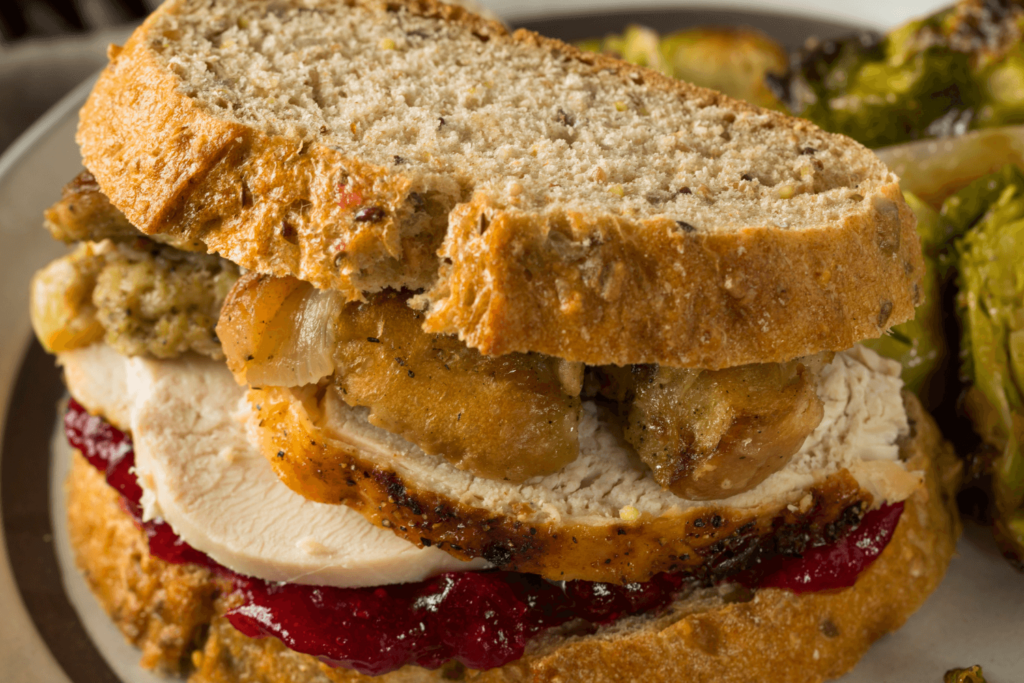 Homemade Thanksgiving Leftover Turkey Sandwich with Stuffing and Cranberry