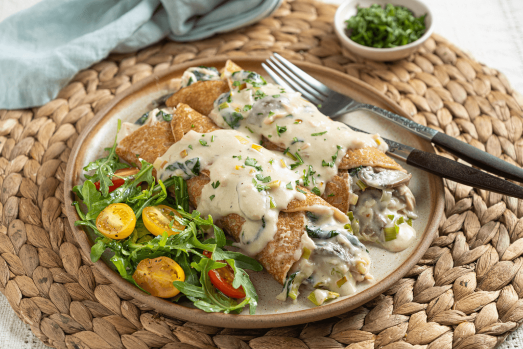 The image shows a plate on a wicker placement bearing two savoury crepes covered in a creamy sauce. Alongside is a mixed green salad with sliced red and yellow cherry tomatoes.