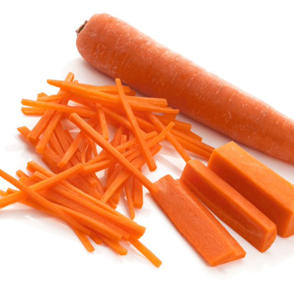 Whole carrot, diced carrot, and julienned carrot on white background.