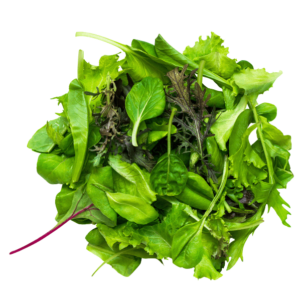 Overhead shot of spring mix on white background.