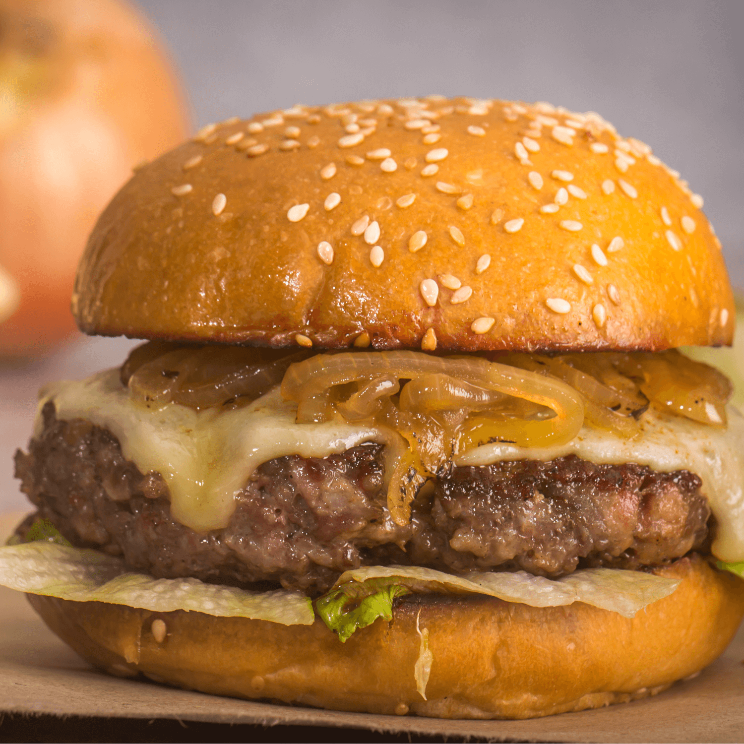 burger with onions and cheese