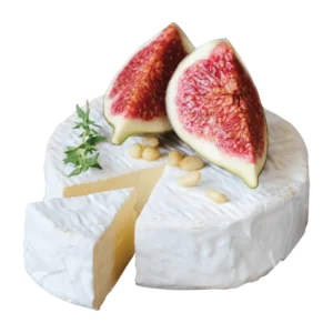 Image of a wheel of Brie with a slice cut out and two fig slices on top of the wheel.