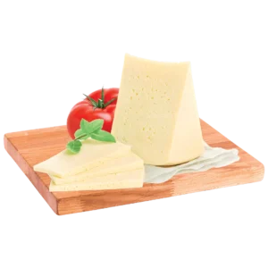 A slice of Havarti cheese on a serving board. 