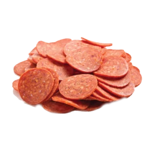 Slices of red pepperoni. 