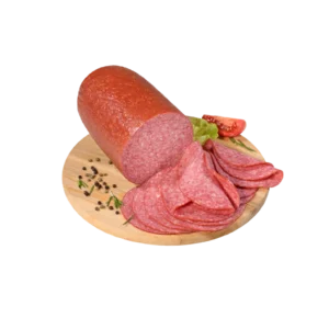 Salami sliced into thin slices on a serving board. 