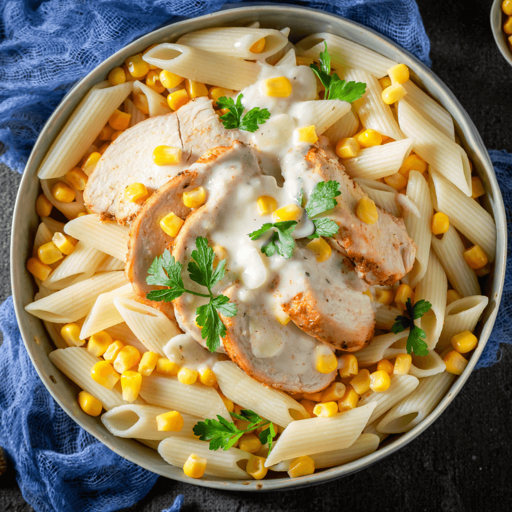 Bowl of fresh penne pasta with grilled chicken, corn, parsley, and a bechamel sauce.