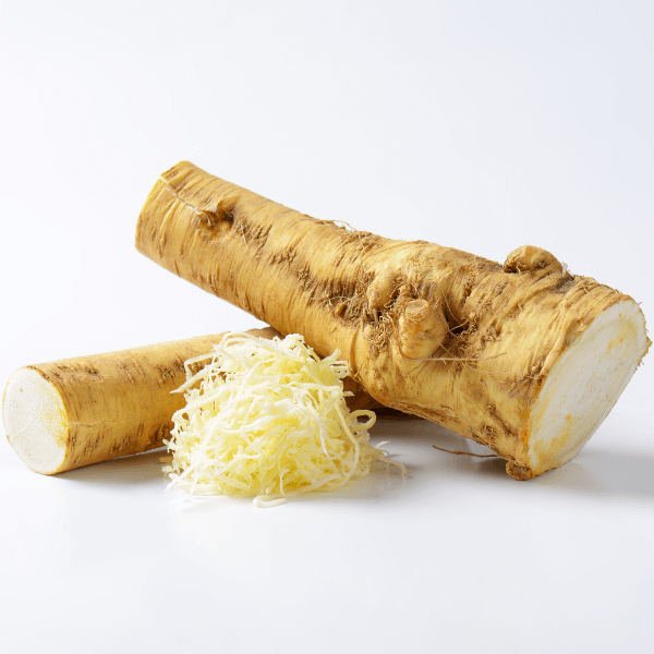 sliced horseradish on white background