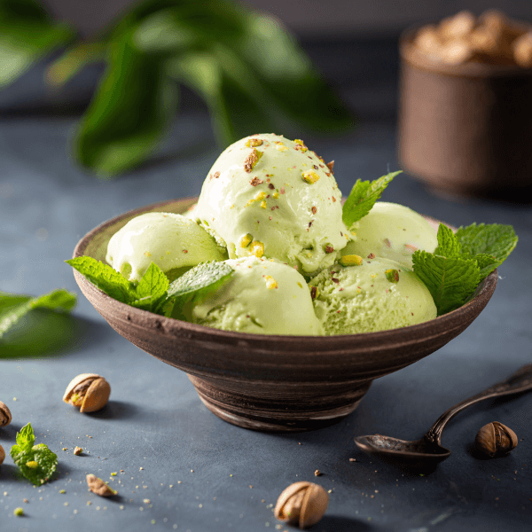 The image shows a dark wood bowl on a slate table. There are three cracked pistachios on the table, as well as a spoon. In the bowl are scoops of pistachio ice cream. They are garnished with sprinkled pistachios and three sprigs of mint.