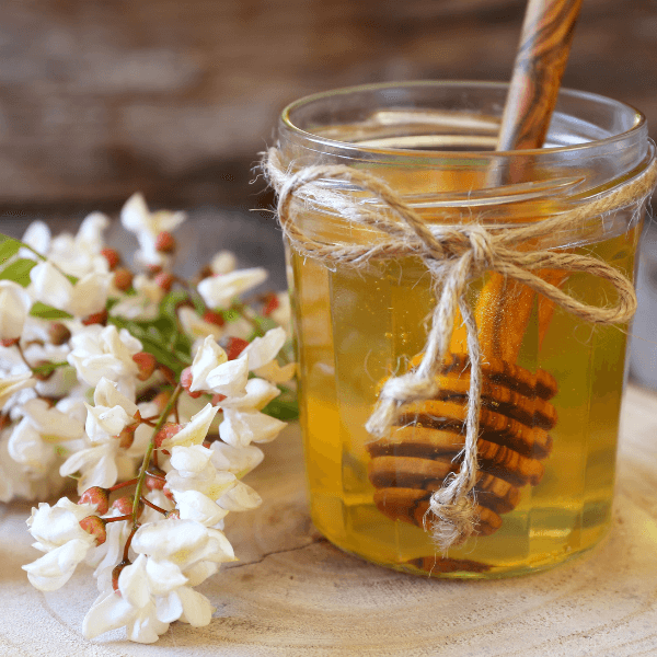 Acacia honey and flowering acacia on wooden table.