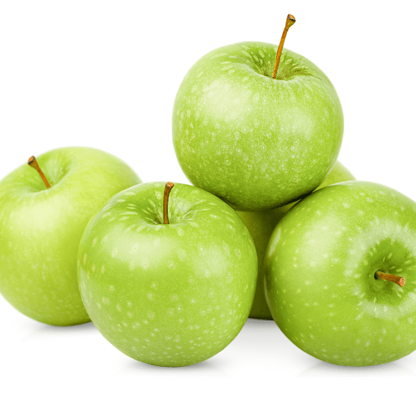 Five Granny Smith apples on white background.