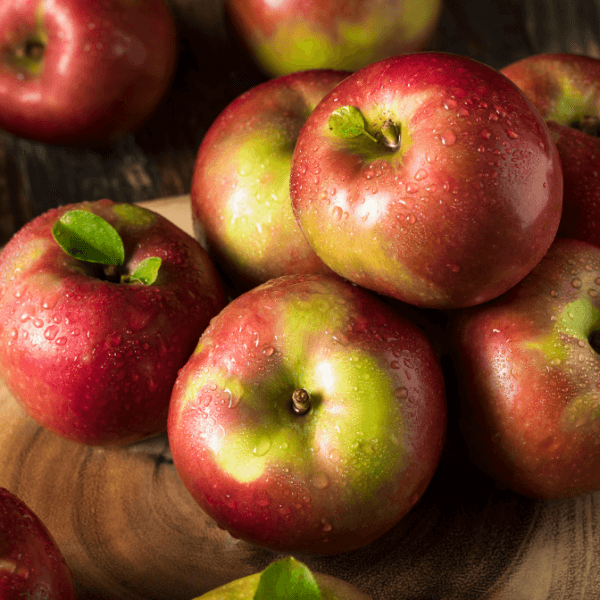 Pile of freshly washed McIntosh apples on wood.