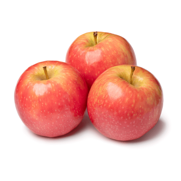 Three Pink Lady apples on white background.