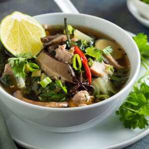 Chicken Soup with Mushrooms and Asian Greens in a bowl!