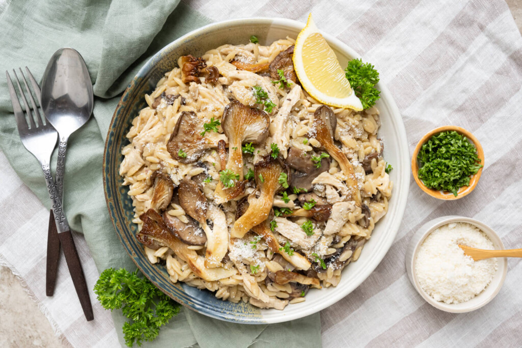 Leftovers Recipe: The image is shot from above and shows a pout of turkey mushroom orzotto made with leftover turkey and mixed mushrooms. It is garnished with a wedge of lemon and chopped parsley.