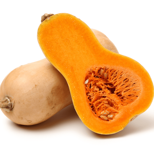 Whole and half butternut squash on white background.