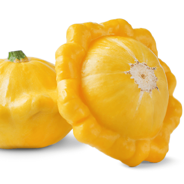 Two ripe patty pan squash on white background.