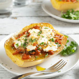 The image shows a white plate on a white wooden table. On the plate is half a roasted spaghetti squash, stuffed with cheese, spinach, and tomato sauce. On the plate is a fork.