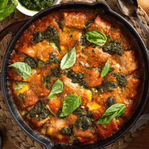 Overhead shot of cast-iron pan filled with cheesy zucchini involtini baked, dolloped with fresh pesto and garnished with fresh basil leaves.