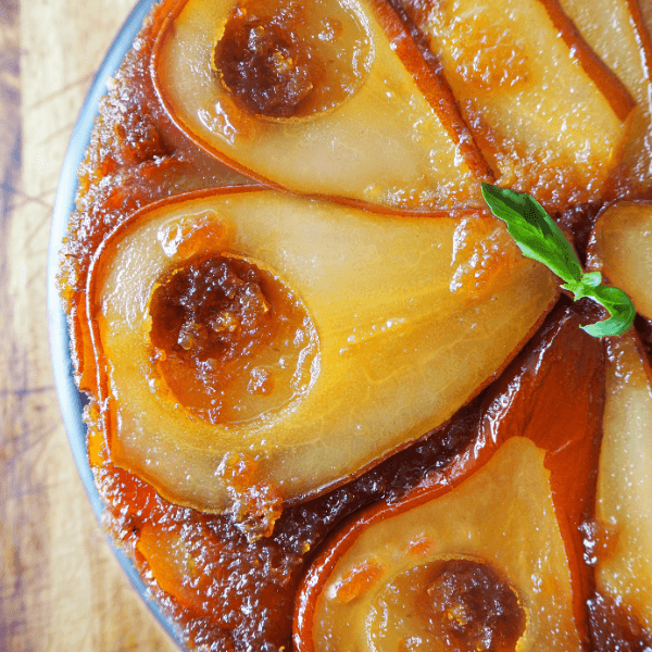 Close Up of Pear Upside Down Cake