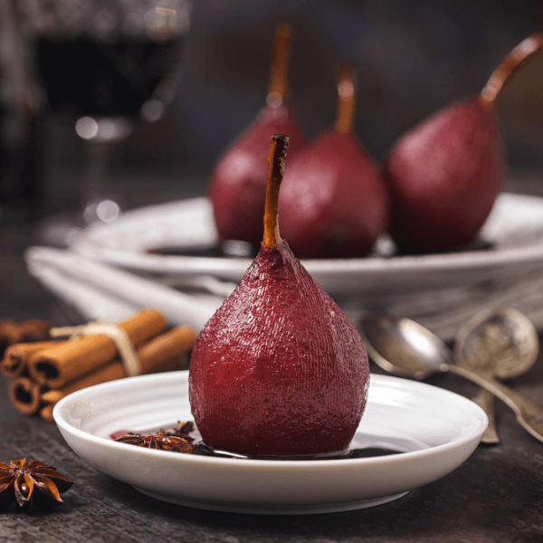 Poached pears in red wine for the holidays at home.