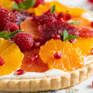 Close up of a Creamy Citrus Tart made with fresh produce and ingredients from Farm Boy.