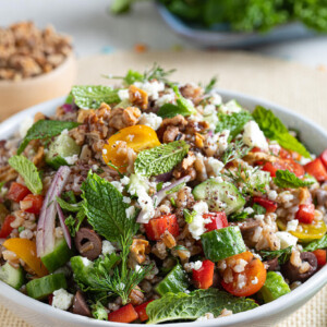 Mediterranean Style Farro Salad in a bowl.